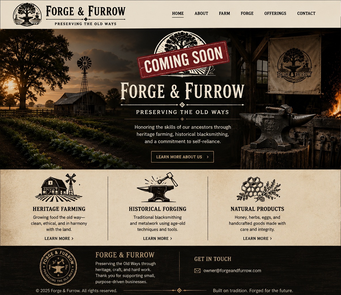 Forge & Furrow coming soon website featuring heritage farming, historical forging, natural products, and contact information.